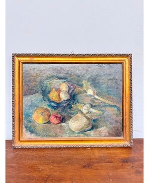 Antico dipinto ad olio, Manfredini, 1944, Trieste, natura morta, 47x38 cm