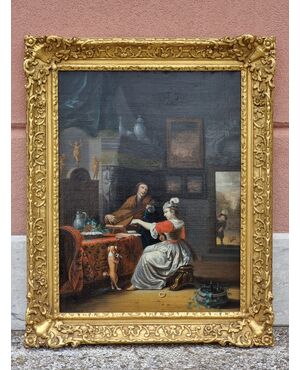 Interno elegante con gentiluomo musicista, dama e cane – Scuola olandese del XVII secolo