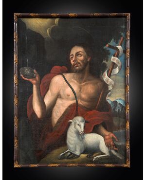 Dipinto antico olio su tela raffigurante San Giovanni Battista. Toscana XVIII secolo.