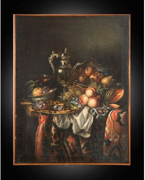 Dipinto antico olio su tela di provenienza Fiamminga raffigurante natura morta con frutta. Periodo XVIII secolo.