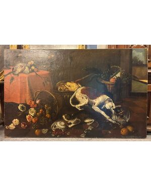 PAN432 - Dipinto olio su tela che ritrae un gatto e un cane che combattono, epoca '6/'700, misure cm L 200 x H 125