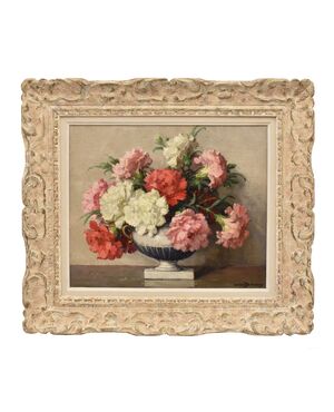 QUADRI ANTICHI, ART DECO, NATURA MORTA CON FIORI DI GAROFANI, OLIO SU TELA, XX SECOLO. (QF663)