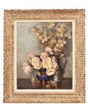 QUADRI ANTICHI, ART DECO, NATURA MORTA CON FIORI DI ROSE BIANCHE, OLIO SU TELA, XX SECOLO. (QF664)