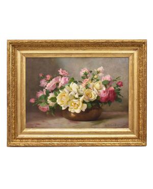 DIPINTI ANTICHI CON FIORI DI ROSE ROSA, NATURE MORTE, OLIO SU TELA, PRIMI DEL NOVECENTO. (QF665)