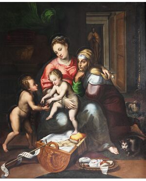 Teodoro d'Errico il Fiammingo attr.; Amsterdam 1544 – Amsterdam 1618, Madonna col bambino, San Giovannino e Sant'Anna (dalla Madonna della Gatta di Giulio Romano), olio su tela