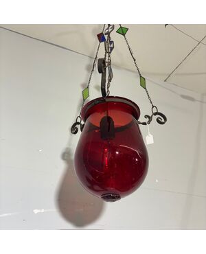 Antico lampadario portacandela vetro rosso fine 800 ! Mis h 82 cm L cm 30 