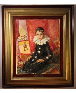 Ragazzina in costume da Pierrotte | Vittorio Gussoni, olio su tela