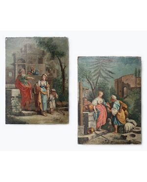 Coppia di dipinti ad olio su tela – Scene bibliche pastorali