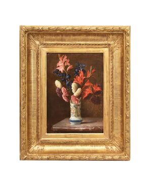 DIPINTI ANTICHI DI FIORI, NATURE MORTE CON GIGLI E DALIE, OLIO SU TAVOLA, DELL'800. (QF662)