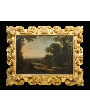 Dipinto antico olio su tela raffigurante un paesaggio fluviale con figure presso la riva. Francia seconda metà XVII secolo.