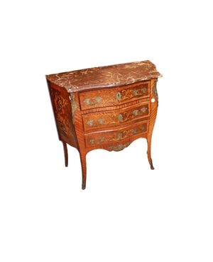 Piccolo Cassettone Comoncino Francese Stile Luigi XV Intarsiato Floreale