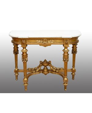 Antique Napoleon III console table in gilded and carved wood with a white marble top. France, 19th century.