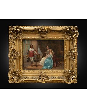 Antique oil painting on canvas depicting a genre scene in an aristocratic setting. France 19th century.