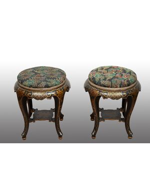 Pair of antique Napoleon III stools in ebonized wood. France 19th century.
