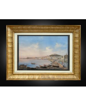 Antique gouache/watercolor depicting a view of Naples. 19th century period.
