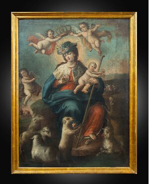 Antique oil painting on canvas depicting "The Divine Shepherdess". Naples, 17th century.