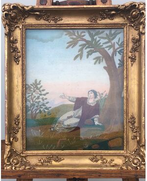 Female figure embroidered on canvas with painted face and hands. France.     