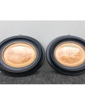 Pair of oval trompe-l&#39;oeil cork squares with landscapes and architecture. Holland     