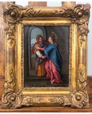 Oil painting on copper depicting the Virgin Mary and Saint Elizabeth.     