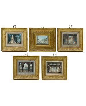 Alessandro Sanquirico (Milano, 1777- 1849), Quattro scene teatrali e una veduta di Milano