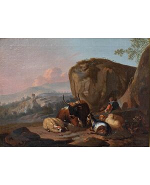Cerchia di Nicolaes Berchem (1620, Haarlem - 1683, Amsterdam), Scena con armenti