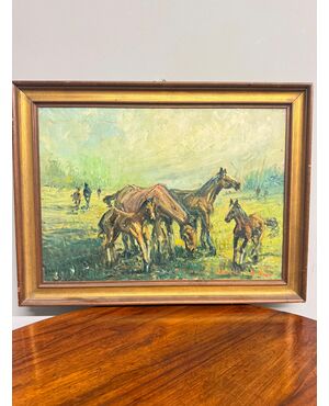 Antico dipinto olio su tela - Cavalli al pascolo - 1900, 82x62cm