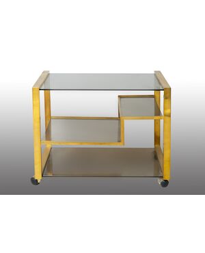 Carrello in ottone e cristallo acidato attribuito a Romeo Rega per Saporiti. Periodo anni 70.