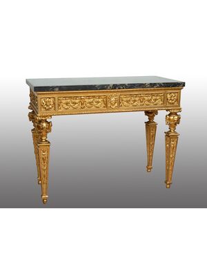 Consolle antica Luigi XVI Napoletana in legno dorato e intagliato con piano in marmo nero portoro. Periodo fine 18secolo.