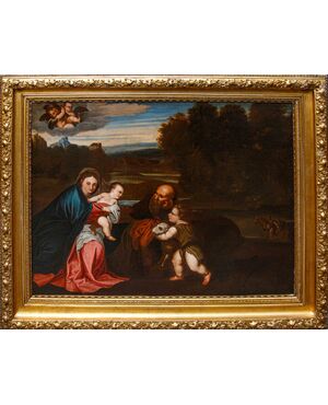 Cerchia di Polidoro de ‘Renzi, detto Polidoro da Lanciano, (Lanciano, 1515 circa – Venezia, 1565), Riposo dalla fuga in Egitto con San Giovannino