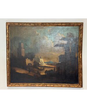 Olio su tela. Paesaggio con rovine attribuibile alla cerchia di Leonardo Coccorante . Napoli 1680 / 1750