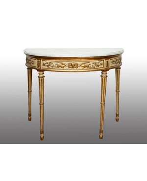 Consolle antica Demi lune stile Luigi XVI Napoletana in legno laccato e dorato. Periodo XIX secolo.