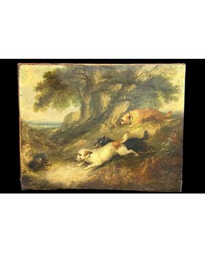 Dipinto, olio su tela, "Terriers che inseguono un coniglio" firmato G. Armfield - XIX sec. 