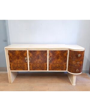 CREDENZA ART DECO IN RADICA DI NOCE E PERGAMENA ORIGINALE DEGLI ANNI 1930-40
