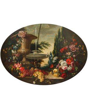 Scuola lombarda, XIX secolo, Composizione di fiori, frutta e fontana