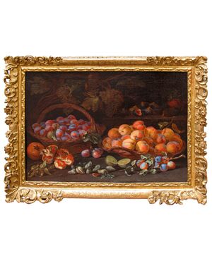 Adriaen van der Cabel (Rijswijk, 1630 o 1631 – Lione, 16 giugno 1705), Natura morta con cesti di prugne e albicocche