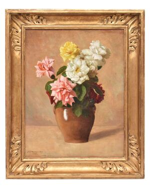 QUADRI ANTICHI, ART DECO, NATURA MORTA CON FIORI DI ROSE BIANCHE, OLIO SU TELA, XX SECOLO. (QF668)