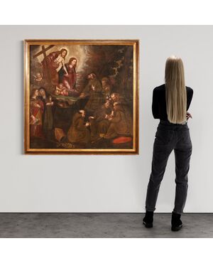 Antico dipinto spagnolo religioso olio su tela del XVIII secolo