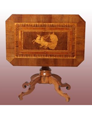 1800s Italian Sorrento table with a stunning inlay depicting a man driving a horse-drawn chariot.