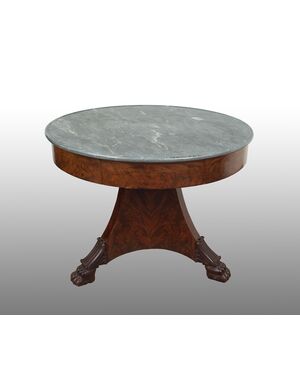 Antique coffee table with central foot in mahogany feather and top in Bardiglio gray marble from the early 19th century.     
