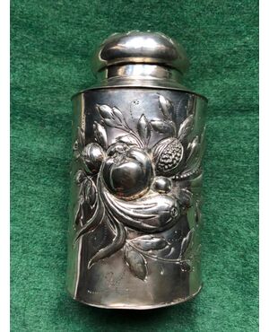 Embossed silver tea box with fruit decoration.Germany.     