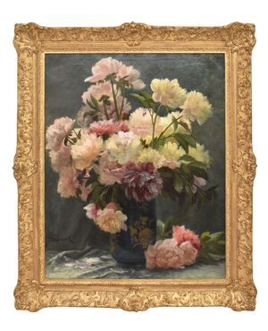 DIPINTI ANTICHI DI FIORI, NATURE MORTE CON PEONIE, OLIO SU TELA, EPOCA OTTOCENTO. (QF673)