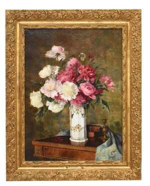 DIPINTI ANTICHI DI FIORI, NATURE MORTE CON PEONIE E LIBRI, OLIO SU TELA, EPOCA OTTOCENTO. (QF672)