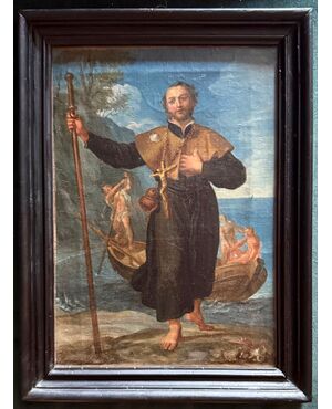 Dipinto olio su tela raffigurante San Rocco pellegrino.
