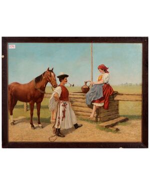 Antico quadro del 1800 olio su tela raffigurante "Incontro"