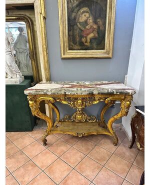  Coppia di Consolle in Legno Dorato con Marmi in diaspro Siciliano, Luigi XV