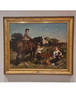 Olio su tela 800 paesaggio con dama a cavallo e fanciulli-Charles James 1851-1906
