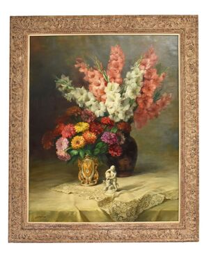 DIPINTI ANTICHI FIORI DI IRIS E GERBERE, GRANDE OLIO SU TELA, ART DECO, JULIEN STAPPERS. (QF674)
