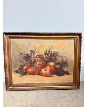 Antico dipinto olio su tela natura morta con frutta 1925, 60x55cm