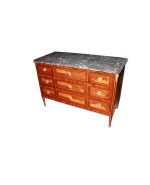 Comò francese stile Luigi XVI di inizio 1800 con piano in marmo e intarsi