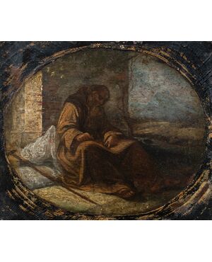 Pittore italiano (XVII-XVIII sec.) - Frate francescano pellegrino assiso a scrivere (bozzetto preparatorio).